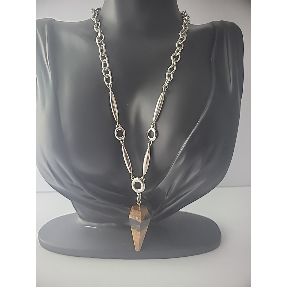 Lia Sophia Signed‎ Vintage Brown Agate Pendulum Pendant Chain Necklace 17 In